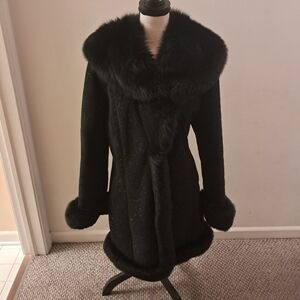 Anna Bruce Leather Suede Sparkles Fur Hood Sleeves Trim Coat Medium M Luxury